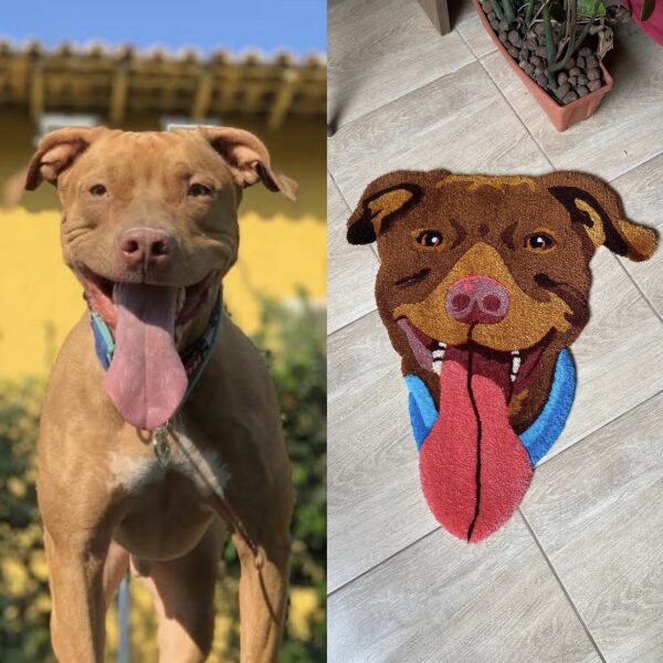 Tapete artesanal do rosto de um pitbull ao lado da foto original